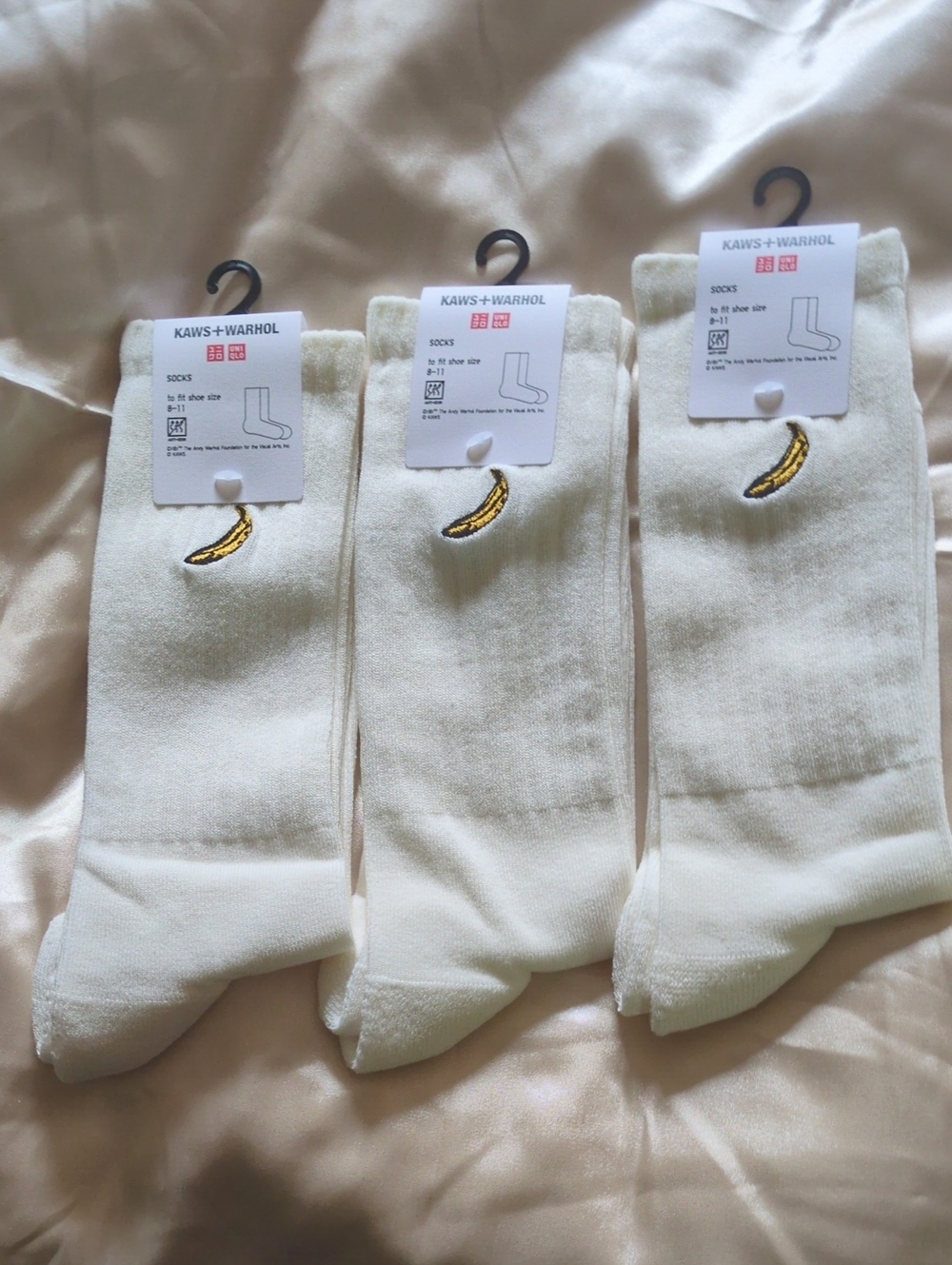 Uniqlo x KAWS Cream Crew Socks - 3 Pair with Banana Embroidery
